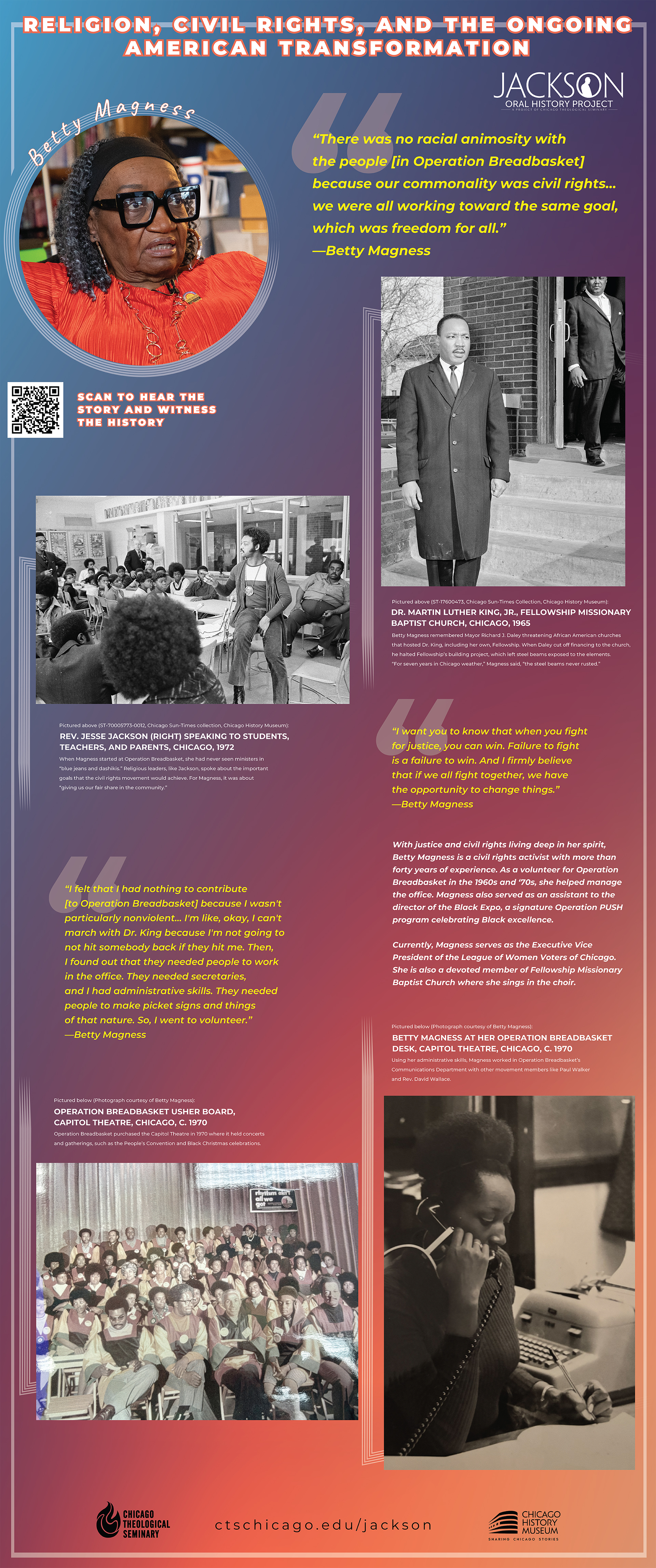 Rev. Jesse L. Jackson Oral History Project  exhibition featuring ten 33 by 80 inch pop-up banner panels displaying historical photographs, quotes, and QR codes linking to oral history video and audio recordings.